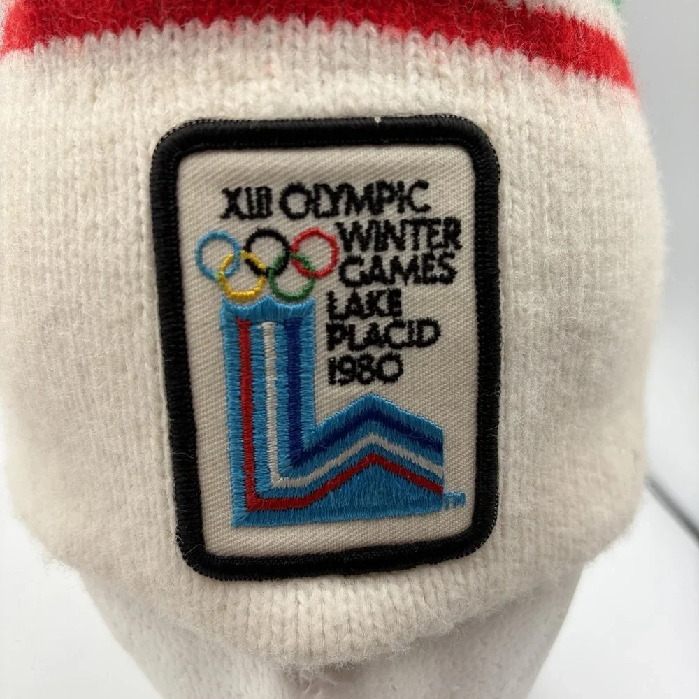 1980 Winter Olympic Lake Placid NY Beanie Hat Rainbow Hudson Stripes Wool Blend